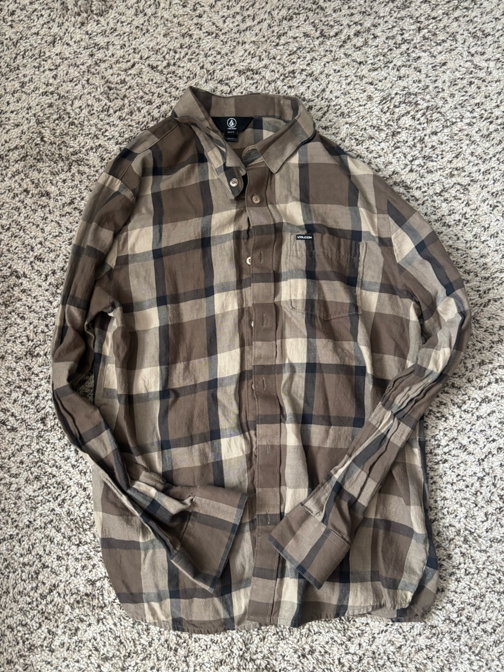 Volcom Brown and Tan Plaid Button-Up Shirt